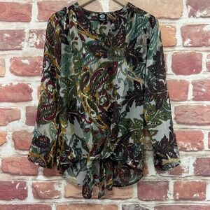 Bobeau Top Women's Medium Multicolor Boho Floral Tie Waist Sheer Casual Shirt